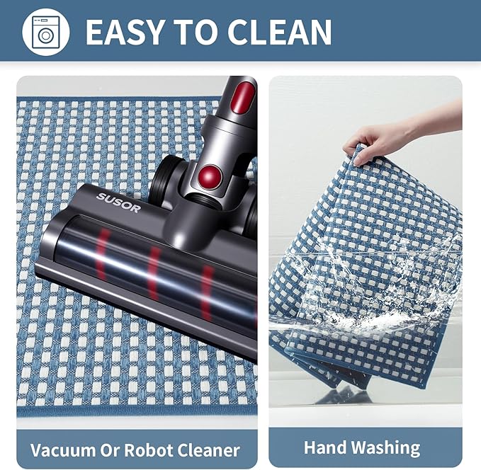 Kitchen Rugs Non Slip Washable, Rubber Backing Soft Chenille Braided Kitchen Mats for Floor, Super Absorbent Kitchen Runner Rug Standing Mat Sink Mat, Easy to Clean, Blue 17"x47"