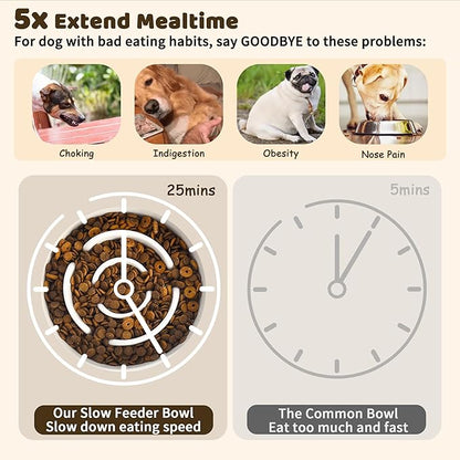 Elevated Slow Feeder Dog Bowl - Ceramic Food Dish with Bamboo Stand - Raised Maze Design - Ideal for Medium to Large Dogs - Milky White - 8.4 inch