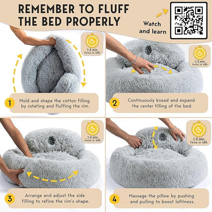 PetJett Small Dog Bed - 23'' Round Dog Beds, Calming Puppy Bed - Anti-Slip & Washable Super Soft Fluffy Plush Faux Fur Pet Bed, Anti-Anxiety Premium Comfort Donut Bed,Fits Dogs upto 25 lbs,Bright Gray