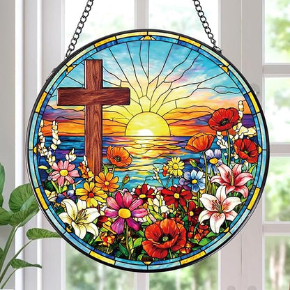 Cross Stained Glass Window Hanging, 8 Inch Wildflower Sunset Sun Catcher Gift, Religious Easter Faith Christian Gifts for Wall Art Hanging Decorations