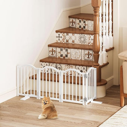 Snughome Short Dog Gate Indoor, 16" High Freestanding Small Dog Door Gates with Support Feet, Expands Up to 48’’ Wide Foldable Pet Gate for Doorway, 4 Panel Folding Pet Door Pet Fence for Puppy, White