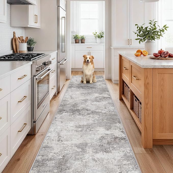 Washable 3x12 Hallway Runner Rug: Washable Non-Slip Carpet for Long Entryways Kitchen Living Room - Abstract Modern Neutral Thin Low Pile Runners 3x12 Grey