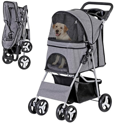 4 Wheels Foldable Pet Dog Cat Jogger Stroller Travel Carrier Strolling Cart w/Waterproof Cover Storage Basket Cup Holder & Removable Liner for Medium Small Cat Dog, Grey