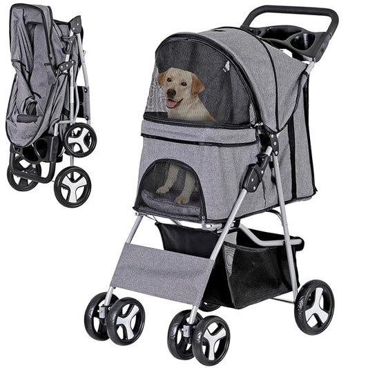 4 Wheels Foldable Pet Dog Cat Jogger Stroller Travel Carrier Strolling Cart w/Waterproof Cover Storage Basket Cup Holder & Removable Liner for Medium Small Cat Dog, Grey