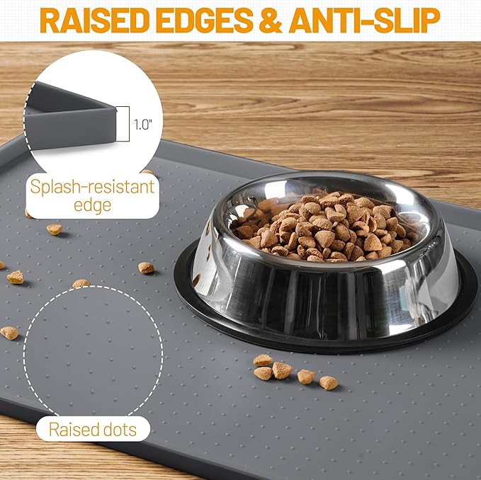 Hubulk Dog Feeding Mat,100% Waterproof Food Grade Silicone Pet Food and Water Bowl Placemat,Dishwasher, High Raised Edge to Prevent Spills,Nonslip Tray to Stop Messes on Floor (32"x24"x1.0", Grey)