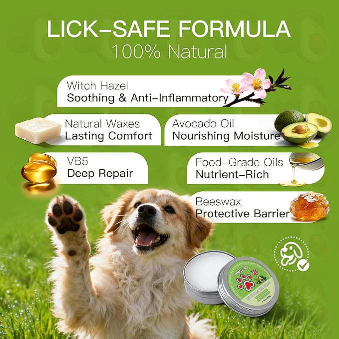 Paw Balm for Dogs and Cats, Paw Pad Balm with Avocado Oil & Witch Hazel, 2.1 oz Beeswax Paw Cream for Dry, Cracked Pads, Lick-Safe Pet Paw Care - with 2 Pack Pet Wipes