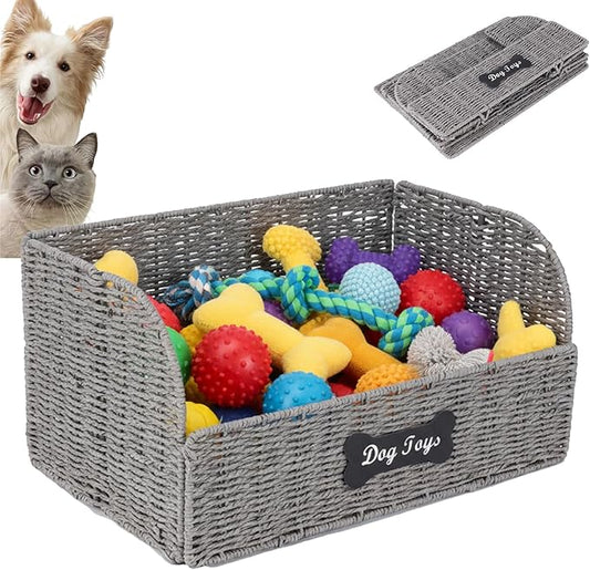 Dog Toy Basket Large Foldable Portable Rattan Dog Toy Storage Organizer for Living Room Bedroom Entryway Floor Corner Pet Toys Basket with Label, Dogs Toys Bin for Cats, Dogs and Pets-Grey