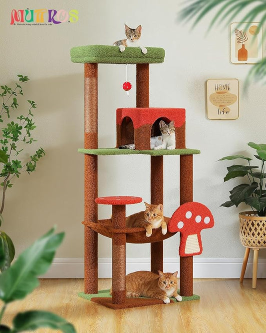 MUTTROS Mushroom Cat Tree Tower with Removable Scratcher, Large Hammock, Condo, Perch, 3 Sisal Posts – Multi-Level Cat Tree for Indoor Cats, Cute Cat Tower for Small Space Homes