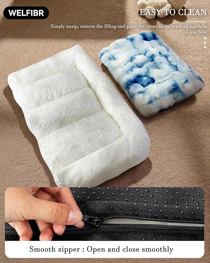 Dog Bed with Shredded Foam Filling, 35" *25" Calming Pet Sofa with Removable Washable Cover, Soft Faux Fur Bolster Couch for Dogs, Anti-Slip Bottom (Tie-Dyed Blue, Small)