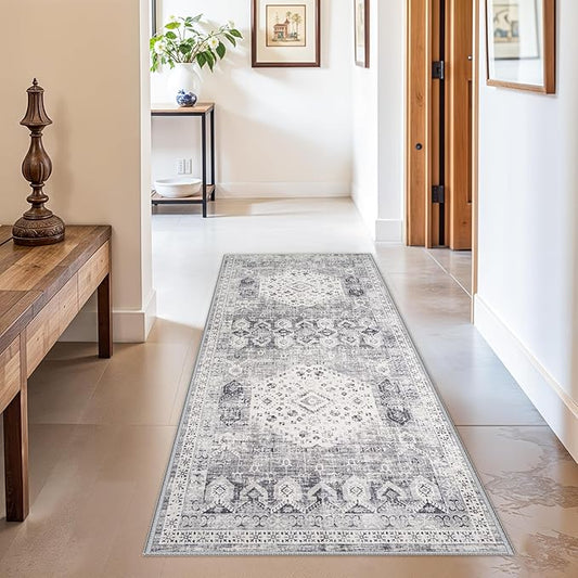 3x6 Kitchen Runner Rug Washable - Vintage Wide Hallway Carpet with Non Slip Backing Machine Woven Stain Resistant Bedroom Rugs Distressed Home Decor Floor Mat for Bathroom Laundry (Grey,3x6)