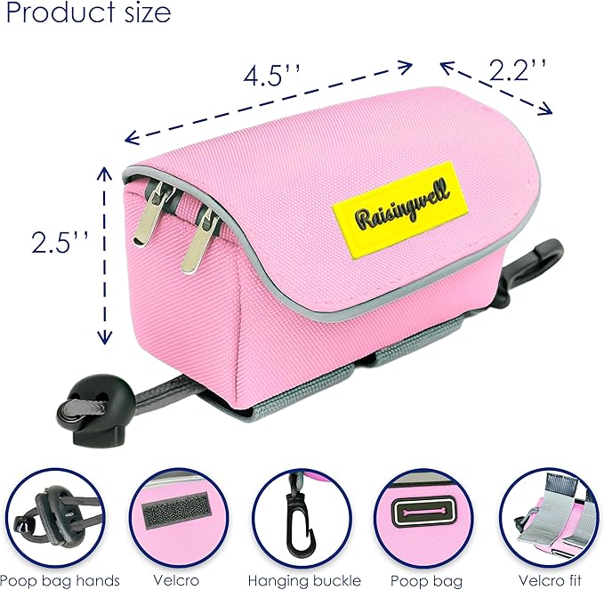 Dog Treat and Poop Bag Holder for Leash, 2 Waterproof Zipper Pouches for Pet Walking Accessories, with Dispenser, Training Clicker and 1 Free Roll (Pink)