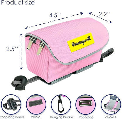 Dog Treat and Poop Bag Holder for Leash, 2 Waterproof Zipper Pouches for Pet Walking Accessories, with Dispenser, Training Clicker and 1 Free Roll (Pink)