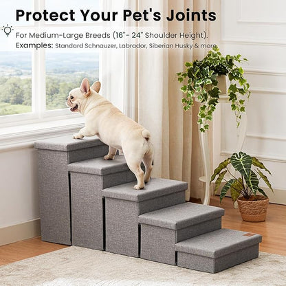Love's cabin Dog Stairs for High Bed 22" H, Foldable Pet Stairs for Small Medium or Large Dogs Puppy with Storage for Bed or Couch, Cat Dog Steps Ramp with Zip up to 200 lbs, Solid Grey, 5 Steps