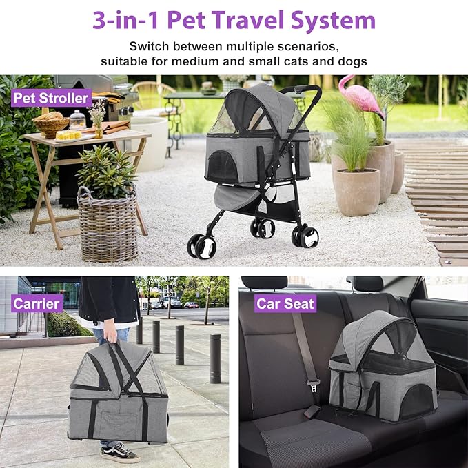 Dog Stroller Pet Strollers 3 Wheel Doggy Stroller for Small Medium Dogs Cats 3-in-1 Detachable Travel Carrier Pet Gear Stroller Wagons for Dogs Trolley for Cat Doggie Rabbit Puppy, Grey