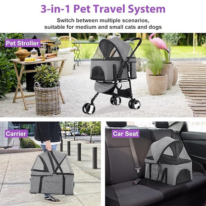 Dog Stroller Pet Strollers 3 Wheel Doggy Stroller for Small Medium Dogs Cats 3-in-1 Detachable Travel Carrier Pet Gear Stroller Wagons for Dogs Trolley for Cat Doggie Rabbit Puppy, Grey
