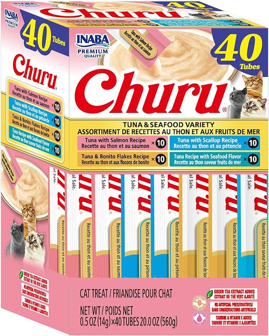 INABA Churu Cat Treats, Lickable, Squeezable Creamy Purée Cat Treat with Green Tea Extract & Taurine, 0.5oz. Each Tube, 40 Tubes, Tuna & Seafood Variety