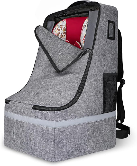 LARIPOP Car Seat Travel Bag for Airplane Gate Check Approved, Padded Backpack with Adjustable Straps, Reflective Strips & Protective Feet for Infant Convertible Booster Seats, Grey