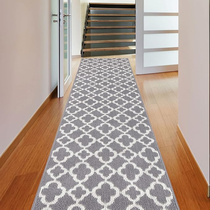 U'Artlines Long Runner Rug for Hallway 2×8feet Non Slip Kitchen Floor Carpet Runners Grey Geometric Pattern Machine Washable Area Rug for Entryway Bathroom