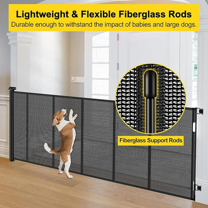 Reinforced 42” Tall x 130” Extra Wide Retractable Baby Gates Extra Tall Pet Gate for Wide Openings Long Dog gate with Rods to Prevent Crawling Through, Dog Gates for Doorways Indoor Outdoor, Black