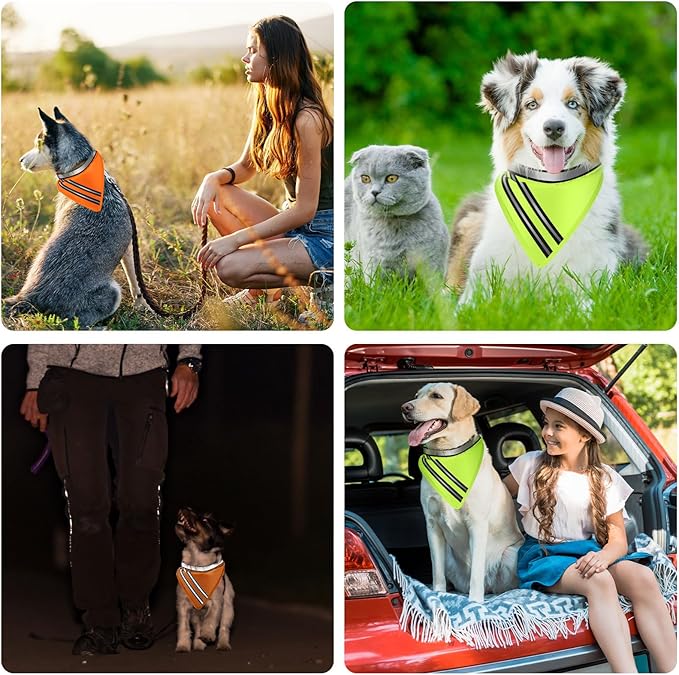 2 Pcs Reflective Dog Bandana with Neon Orange Green Color High Visibility Reflective Dog Scarf Safety Gear Hook and Loop Tape Triangle Bib Accessories for Hunting Walking Camping