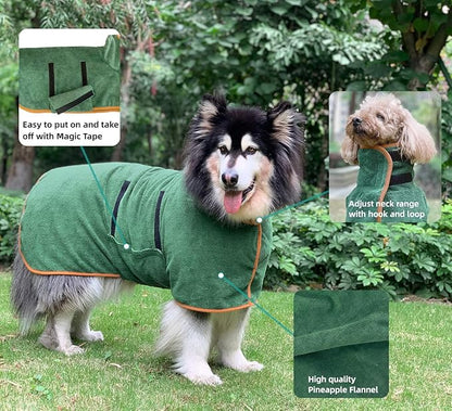 Dog Drying Coat Bathrobe Towel, Microfibre Material Fast Drying Super Absorbent Dog Bath Robe, Pet Quick Drying Moisture Absorbing with Adjustable Collar and Waist Green