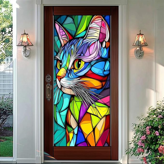 Stained Glass Window Film 17.7 x 39.3 Inch Colorful Cat Window Privacy Film Stained Decals Static Cling Sun Blocking Decor for Home Office Windows Doors Glass Partitions 17.7x39.3 inch