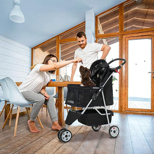 3 Wheels Dog Stroller, Foldable Pet Stroller for Small Medium Dogs, Portable Breathable Cat Stroller Dog Strollers with Storage Basket, Cup Holders, Removable Liner for Travel & Outdoor Use, Black