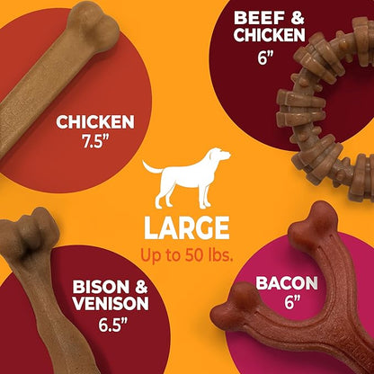 Nylabone Strong Chew Toy 4-Pack Bundle for Dogs Made with Real Bacon, Bison, Venison, Beef, & Chicken, Durable Dog Chew Bones for Aggressive Chewers, Large Dog Toys - Up to 50 lbs, 4 Count