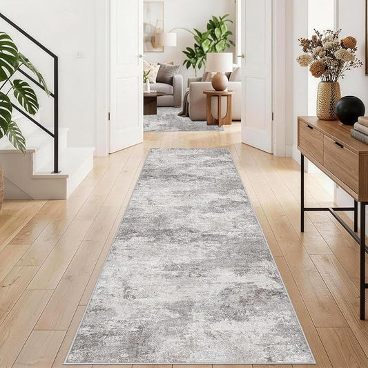 Abstract Rug Runners 2x8 Washable: Modern Rugs Non Slip for Kitchen Entryway Bedroom - Soft Stain Resistant Easy Clean - Indoor Low Pile Carpet for Family with Pets 2x8 Grey