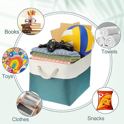 meekoo 8 Pack Collapsible Storage Bins Fabric Storage Bins Polyester Fabric Baskets with Handles Linen Closet Organizer for Shelf Home Closet Towels Toys(15 x 11 x 9.5 in,Cyan White)