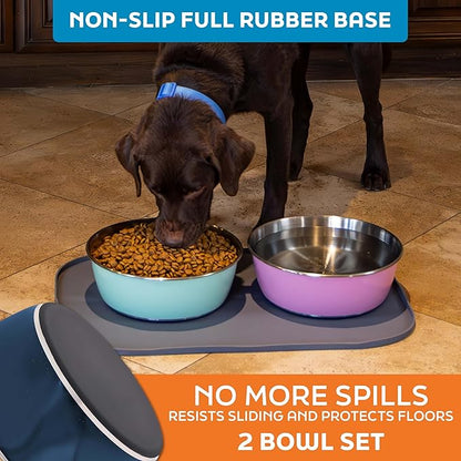 Master Pet Supply Stainless Steel Dog Bowls Set of 2 (64 Oz Each) with Non-Slip Rubber Base - Navy Blue - Basic Dog Food Bowl Water & Food Bowls for Small Medium Large Dogs & Cats, Metal Dish