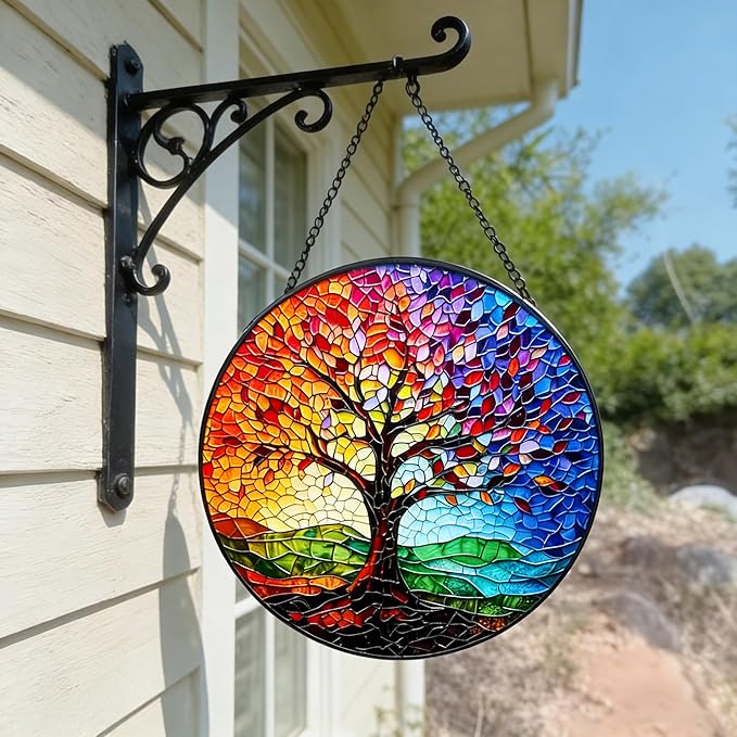 Stained Glass Tree of Life Suncatcher - 7.8In Handcrafted Window Hanging & Wall Art for Home, Living Room, Garden & Outdoor Porch Decor - Birthday, for Women Mom Teacher