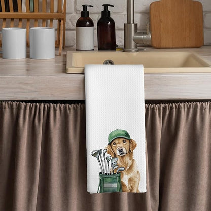 Golf Dog Kitchen Towels - Golden Retriever Dish Towels, Sports Gifts, Pet Golf Club Decorative Absorbent Dishcloths Hand Towels for Spa Gym Kitchen Decor 16x24 Inches