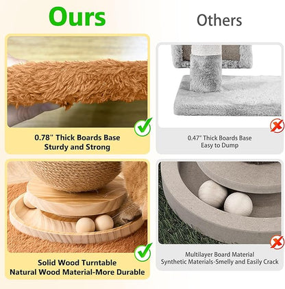 Mushroom Cat Scratching Post Cat Tree, 21.5‘’ H Cute Cat Scratcher Tower with Durable Solid Wood Turntable Toy, Acorn Brown Mushroom Scratch Post Cat Sisal Scratcher with Catnip for Indoor Cats