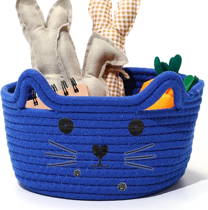 Zopeal Cat Basket Storage Woven Organizer with Ears Easter Decorative Pet Toy Cute Cotton Rope Basket for Gift Cat Dog Toy Bin Nursery Room(8.3 x 4.7 Inch,Royal Blue)