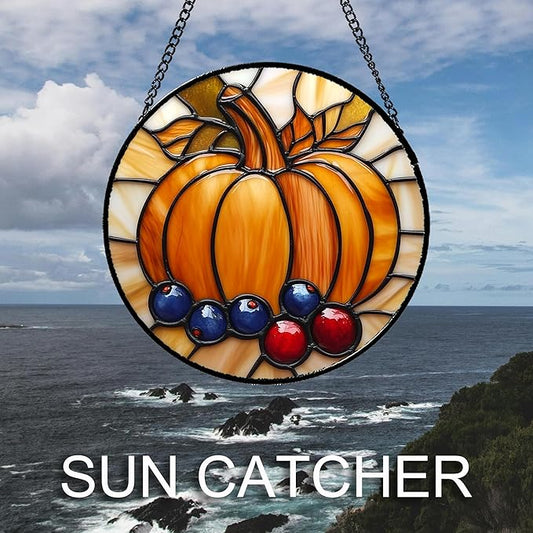Stained Glass Window Hanging Fall Pumpkin Berries Large 15" - Suncatcher Door Garden Kitchen Sunroom Sun Catcher Autumn Home Decor Birthday for Mom Grandma Men Woman