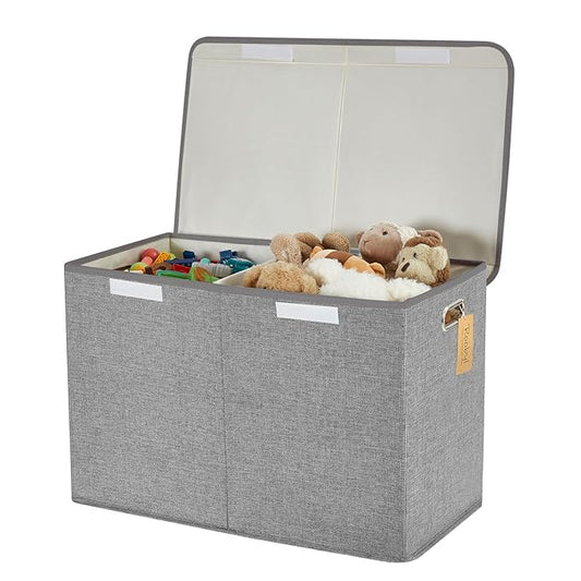 Large Toy Storage Box with Lid, Collapsible Toys Storage Organizer Bins with Dividers and Handles, Storage Chest Bin for Kids, Boys, Girls, Nursery 25"x13" x16" (Gray)