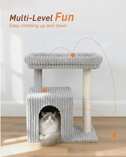 Cat Tree for Large Cat, 20.9 * 15.7in Large Perch Bed for Adult Cats, 22.8in Cat Tower with Scratching Post, Cat Condo with 2-Door for Indoor Cats, Light Gray