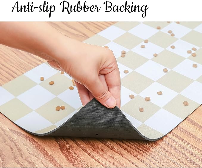 Ralxion Checkered Dog Feeding Mat, Absorbent Mats for Dog Food and Water Bowl, Dispenser, Retro Aesthetic Khaki Beige Checkerboard Pet Placemat for Dogs, Cats, Puppy Accessories, 12" X 19”
