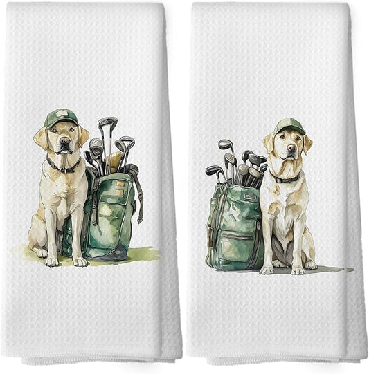 Golf Dog Kitchen Towels - Labrador Dish Towels, Sports Gifts, Pet Golf Club Decorative Absorbent Dishcloths Hand Towels Set of 2 for Spa Kitchen Gym Decor 16x24 Inches