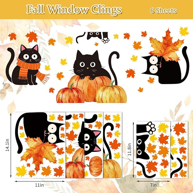 Whaline 6 Sheets Fall Window Clings Cute Black Cat Pumpkin Maple Leaf Reusable Window Decals for Autumn Harvest Thanksgiving Party Supplies Home Classroom Office Decor