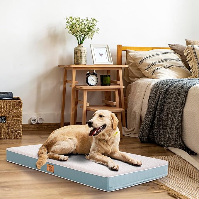 Extra Large Orthopedic Dog Bed for Big Dogs - XXL Waterproof Dog Bed with Removable Washable Cover & Anti-Slip Bottom, Crate Bed, Deluxe Plush Pet Bed Mat (Blue)