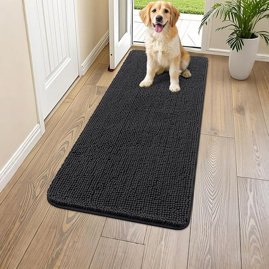 Smiry Dog Door Mat for Muddy Paws 47x20, Absorbs Moisture and Dirt Doormat, Non-Slip Washable Quick Dry Chenille Front Door Mat Indoor Entrance, Entryway Carpet for Inside Floor, Black