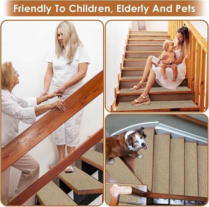 Arttown 15 Pcs 30" x 8" Linen Non-Slip Stair Tread Mats for Indoor Wooden Steps Step Mats with Reusable Adhesive Peel and Stick Carpet Stair Treads for Kids, Elderly and Pets, Beige