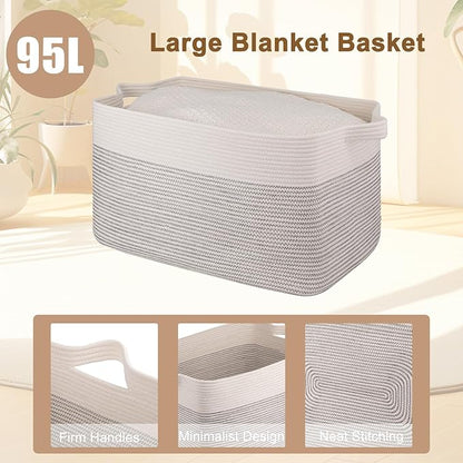 OIAHOMY Extra Large Blanket Basket, 95L Woven Storage Basket, Cotton Rope Toy Bin for Baby Room, Container for Storage in Living Room, 24''×17''×14'', Black & White