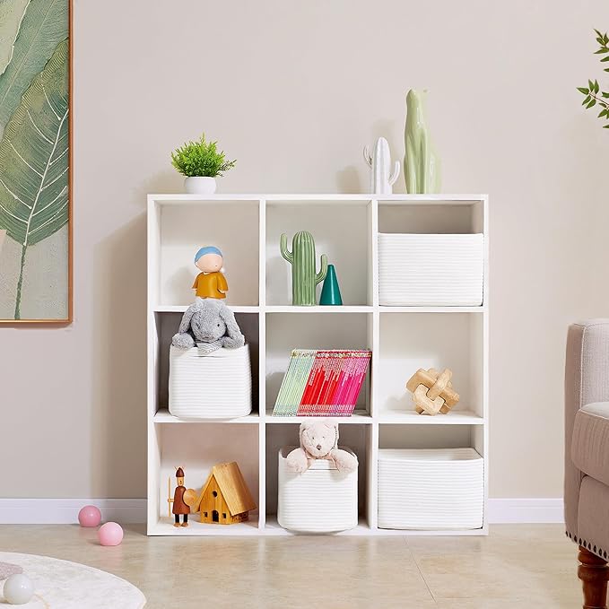 Set of 4 White Rope Basket for Shelves Woven Rectangle Storage Basket Bins for Nursery Toy Storage for Baby Girl