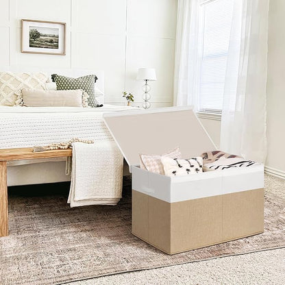 INDRESSME 26"x17"x17" Large Toy Box, Toy Storage Organizer Collapsible Storage Bins with Lids Toy Chest for Nursery, Playroom, Living Room, Toy Baskets Storage Kids, Boys Girls (Beige & White)