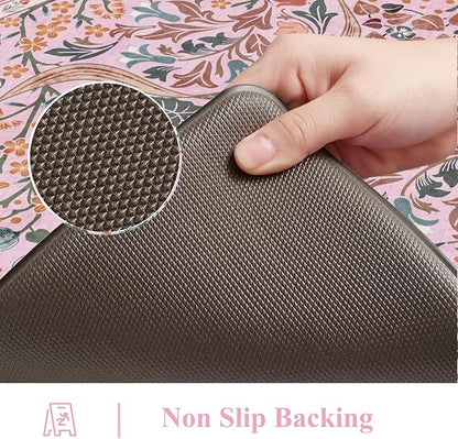 Collive Kitchen Mats for Floor, Cushioned Anti Fatigue Mat Pink Floral Rugs 2 Piece Non Skid Waterproof Sink Rug, Memory Foam Comfort Standing Mat for Office, Laundry, Desk