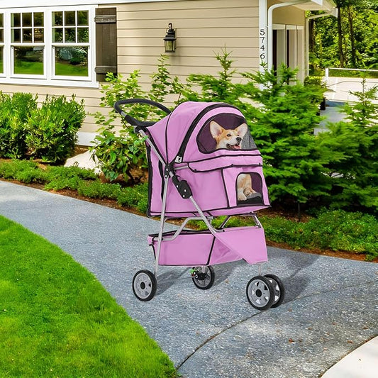 Pet Stroller for Small Medium Dogs & Cats,3-Wheel Breathable Compact Foldable Dog Carrier with Storage Basket, Outdoor Portable Lightweight Travel Stroller for Camping,Pink