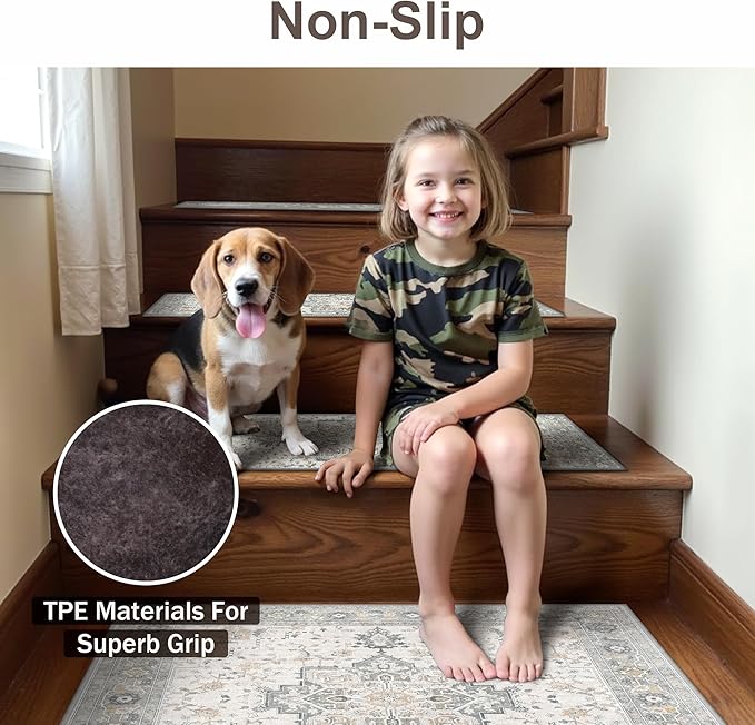 Non Slip Stair Treads for Wooden Steps 1PCS - 28"x28" Indoor Safety Carpet, Edging Mats with TPE Adhesive Backing, Pet and Elderly Friendly Stair Rugs (Taupe)